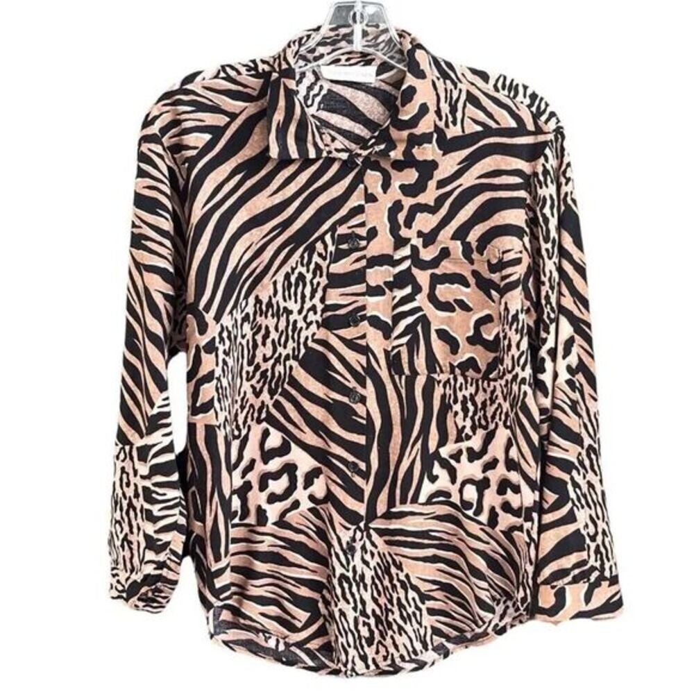 90s VTG‎ David Benjamin Animal Print Button Down Shirt Leopard Tiger Tan Linen